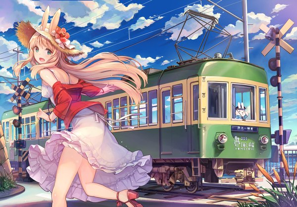 Anime picture 1100x769 with original enoshima electric railway pierorabu single long hair open mouth blonde hair animal ears sky cloud (clouds) wind girl hat sundress straw hat train