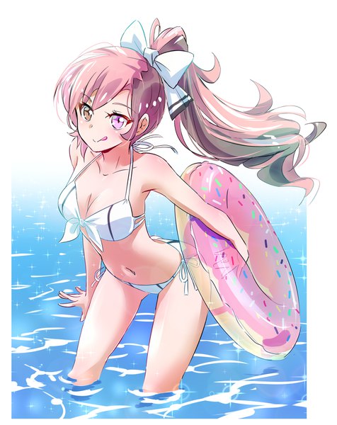 Anime picture 1800x2266 with rwby rooster teeth neopolitan (rwby) iesupa tall image looking at viewer highres breasts smile brown hair brown eyes pink hair cleavage ponytail pink eyes multicolored hair two-tone hair heterochromia partially submerged border
