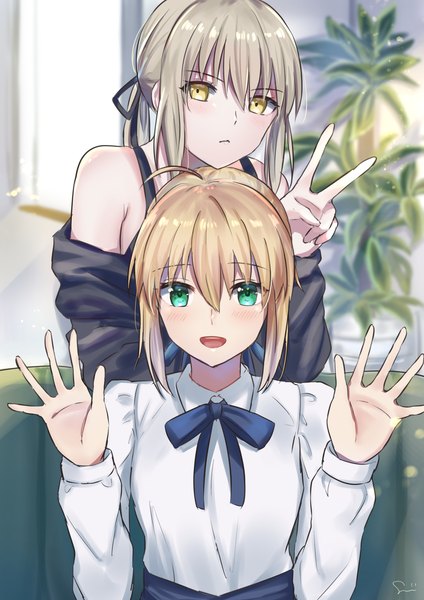 Anime picture 2480x3508 with fate (series) fate/stay night artoria pendragon (all) saber saber alter sii artatm long hair tall image looking at viewer blush fringe highres short hair open mouth blonde hair smile hair between eyes bare shoulders multiple girls green eyes
