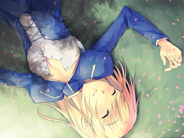 Anime picture 1024x768 with fate (series) fate/stay night studio deen type-moon artoria pendragon (all) saber mikage sekizai breasts blonde hair smile cleavage lying eyes closed shadow wallpaper partially open clothes unbuttoned plant (plants) grass