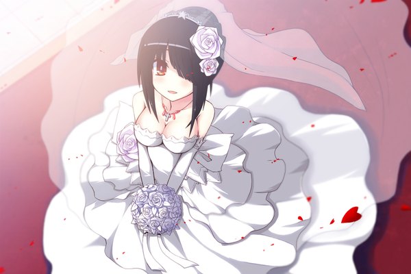 Anime picture 1800x1200 with date a live tokisaki kurumi uiu fringe highres short hair breasts light erotic black hair red eyes hair over one eye alternate hairstyle hair up girl dress gloves flower (flowers) petals elbow gloves bouquet
