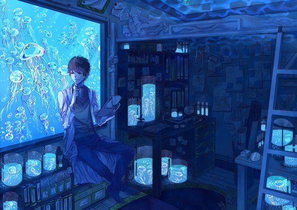 Anime picture 1800x1272 with original conoco single highres short hair blue eyes purple hair light smile crossed legs boy table clock cup bottle room picture labcoat carpet jellyfish ladder