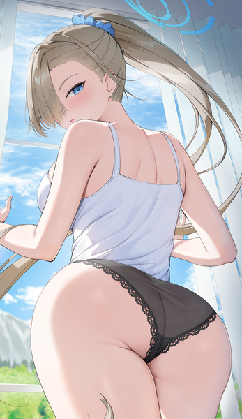 Anime picture 2314x4000 with blue archive asuna (blue archive) rosumerii single long hair tall image looking at viewer blush fringe highres breasts open mouth blue eyes light erotic blonde hair bare shoulders sky cloud (clouds) ass ponytail