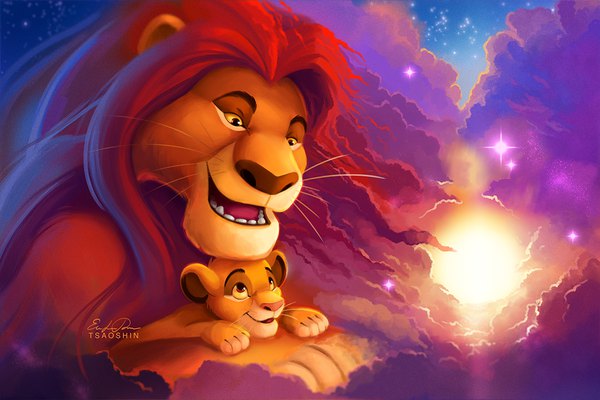 Anime picture 1200x800 with the lion king disney simba mufasa tsaoshin open mouth smile signed yellow eyes sky cloud (clouds) teeth sparkle evening looking down sunset looking up no people eye contact father and son