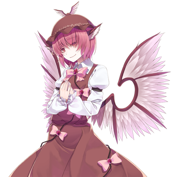 Anime picture 1300x1300 with touhou mystia lorelei crote single fringe short hair hair between eyes red eyes animal ears red hair transparent background girl dress bow hat wings