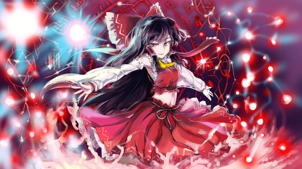 Anime picture 1920x1080 with touhou hakurei reimu sinzan single long hair highres black hair wide image brown eyes midriff magic spread arms miko girl navel bow hair bow detached sleeves magic circle