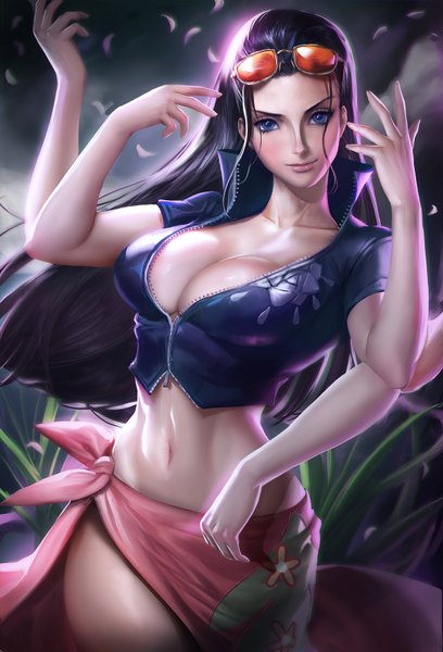 Anime picture 1156x1700 with one piece toei animation nico robin sakimichan single long hair tall image looking at viewer blush breasts blue eyes light erotic black hair large breasts standing payot cleavage head tilt light smile wind