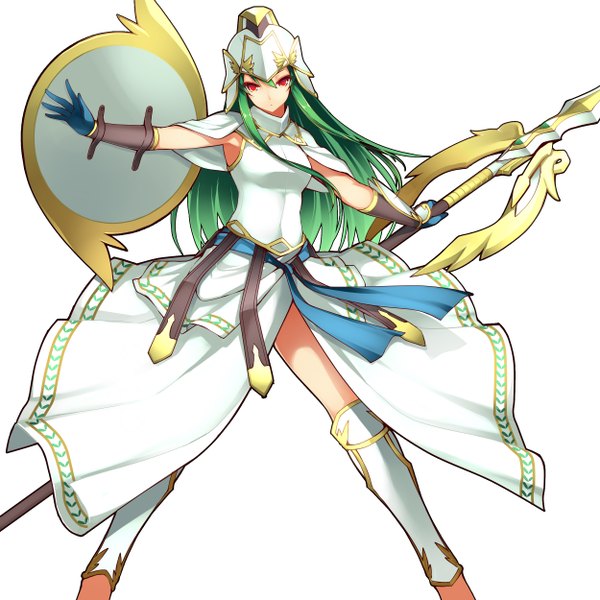 Anime picture 2500x2500 with puzzle & dragons athena (p&d) dean single long hair looking at viewer highres simple background red eyes white background green hair girl dress gloves weapon helmet spear shield
