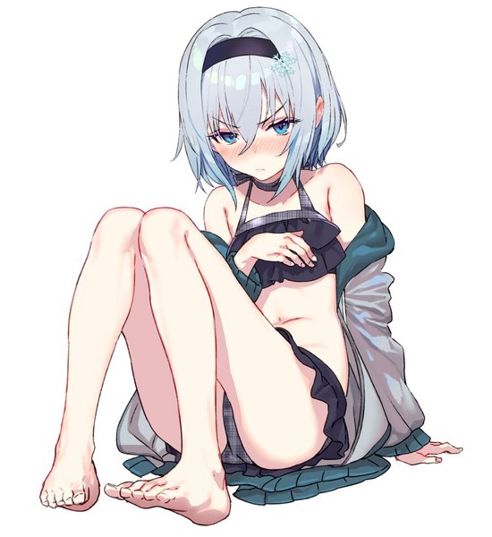 Anime picture 889x970 with ryuuou no oshigoto! sora ginko shirabi single tall image looking at viewer blush fringe short hair breasts blue eyes light erotic simple background hair between eyes white background bare shoulders payot silver hair full body bent knee (knees)