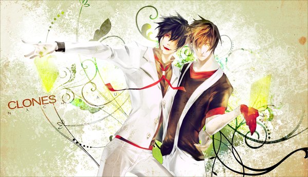 Anime picture 2000x1152 with original coln fringe highres short hair open mouth black hair red eyes brown hair wide image standing green eyes looking away hair over one eye inscription multiple boys couple hug boy gloves