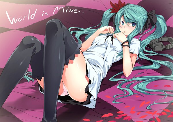 Anime picture 1772x1260 with vocaloid world is mine (vocaloid) hatsune miku tosh single blush highres light erotic twintails lying very long hair aqua eyes aqua hair inscription checkered girl thighhighs dress underwear panties