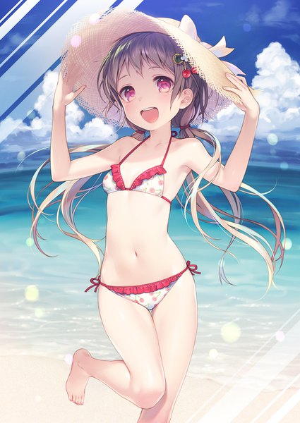 Anime picture 708x1000 with original nekokan masshigura single long hair tall image looking at viewer blush fringe open mouth light erotic smile standing twintails sky cloud (clouds) :d pink eyes barefoot beach lens flare