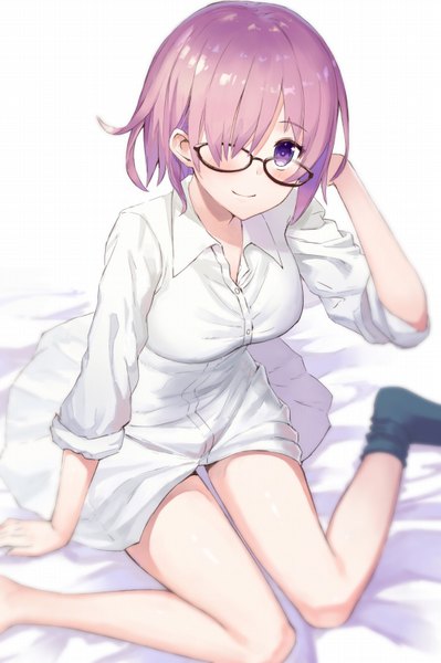 Anime picture 533x800 with fate (series) fate/grand order mash kyrielight haru (hiyori-kohal) single tall image looking at viewer blush fringe short hair breasts simple background smile white background sitting purple eyes pink hair from above hair over one eye wariza