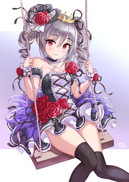 Anime picture 1060x1500 with idolmaster idolmaster cinderella girls kanzaki ranko hhama single long hair tall image looking at viewer blush fringe simple background hair between eyes red eyes twintails bare shoulders payot cleavage head tilt light smile grey hair