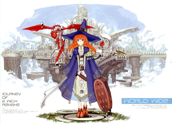 Anime picture 3500x2546 with kurogin single long hair looking at viewer blush highres green eyes absurdres light smile orange hair witch girl dress weapon belt building (buildings) witch hat dragon suitcase