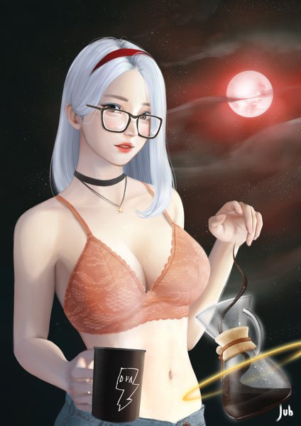 Anime-Bild 2480x3508 mit original mio (jubi) jubi (regiana) single long hair tall image looking at viewer highres breasts light erotic smile large breasts brown eyes signed cleavage cloud (clouds) white hair nail polish parted lips night