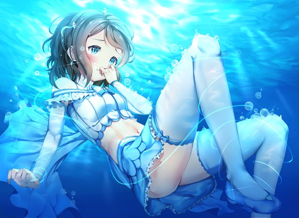 Anime picture 2404x1755 with love live! sunshine!! sunrise (studio) love live! watanabe you hachinatsu single blush fringe highres short hair blue eyes light erotic brown hair bare belly underwater girl thighhighs skirt navel hair ornament