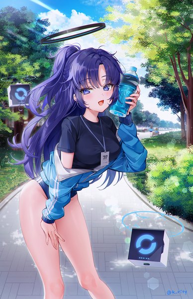 Anime picture 1320x2041 with blue archive yuuka (blue archive) yuuka (gym uniform) (blue archive) rity single long hair tall image looking at viewer open mouth light erotic purple eyes purple hair outdoors ponytail :d official alternate costume half updo partially open clothes girl plant (plants)