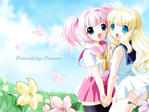 Anime picture 1024x768 with original csy rythem long hair looking at viewer fringe short hair open mouth blue eyes light erotic blonde hair standing twintails multiple girls payot pink hair sky cloud (clouds) outdoors holding hands