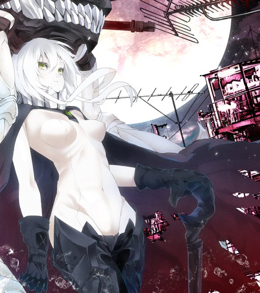 Anime picture 1550x1750 with kantai collection wo-class aircraft carrier mikoma sanagi single long hair tall image yellow eyes looking away white hair night teeth covered navel pale skin shinkaisei-kan girl gloves weapon black gloves gun building (buildings)