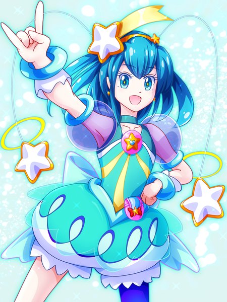 Anime picture 1200x1600 with precure star twinkle precure toei animation hagoromo lala cure milky mimimix single tall image looking at viewer fringe short hair open mouth simple background smile hair between eyes standing payot :d arm up aqua eyes