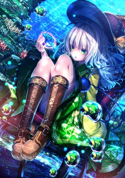 Anime picture 900x1273 with touhou komeiji koishi ryosios single long hair tall image open mouth sitting green eyes looking away white hair underwater girl dress flower (flowers) hat rose (roses) bubble (bubbles) fish (fishes) armchair