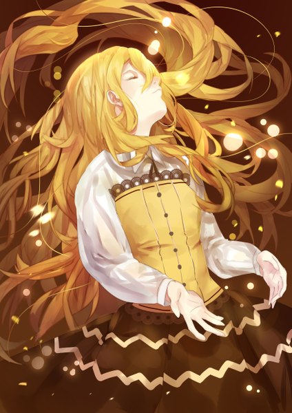 Anime picture 3507x4960 with original sunyuqian single tall image blush fringe highres blonde hair absurdres eyes closed very long hair profile hair over one eye brown background girl skirt shirt white shirt corset long skirt
