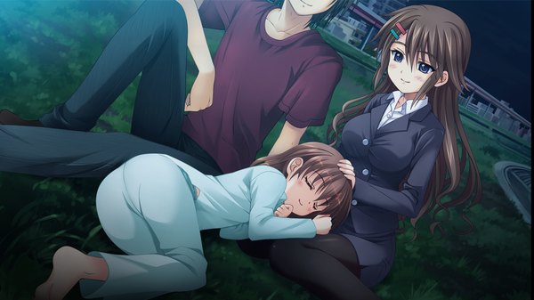 Anime picture 1024x576 with owaru sekai to birthday long hair blush short hair blue eyes brown hair wide image multiple girls game cg sleeping girl 2 girls pajamas