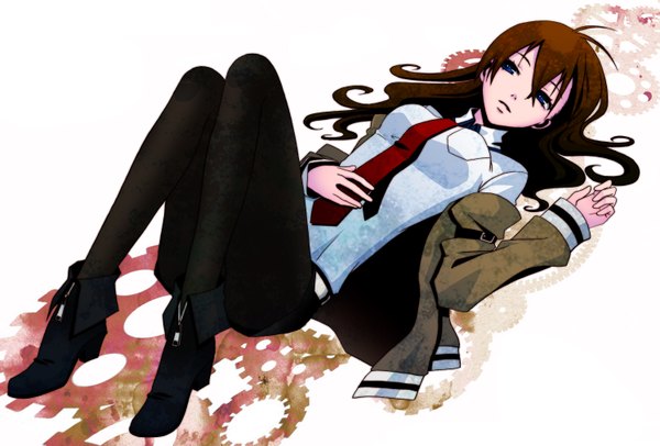 Anime picture 2990x2026 with steins;gate white fox makise kurisu namikichuou single long hair highres blue eyes brown hair lying open clothes open jacket legs girl shirt necktie shorts boots