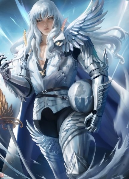 Anime picture 2528x3500 with berserk griffith sakimichan single long hair tall image looking at viewer fringe highres hair between eyes standing white hair realistic grey eyes floating hair helmet removed holding helmet boy weapon sword