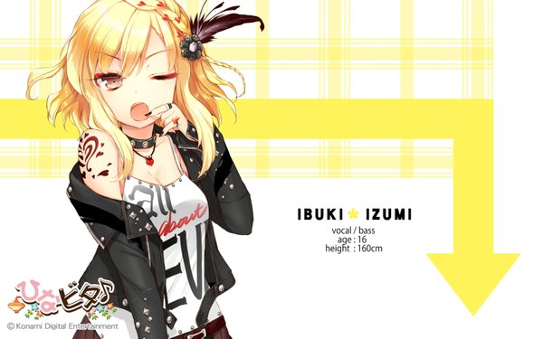 Anime picture 1680x1050 with hinabita izumi ibuki cuteg single looking at viewer short hair breasts open mouth blonde hair bare shoulders brown eyes braid (braids) one eye closed wink text girl hair ornament pendant ring