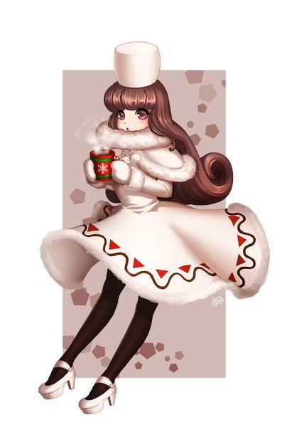 Anime picture 850x1263 with cookie run cocoa cookie ango single long hair tall image looking at viewer open mouth brown hair brown eyes girl coat cup cap