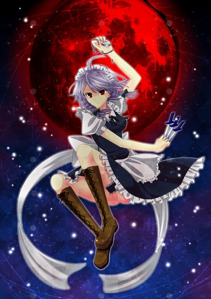Anime picture 1753x2480 with touhou izayoi sakuya single tall image highres short hair red eyes silver hair maid red moon girl weapon boots headdress maid headdress apron knee boots knife dagger