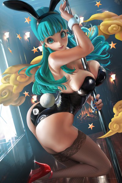 Anime picture 2333x3500 with dragon ball bulma sakimichan single long hair tall image looking at viewer blush fringe highres breasts light erotic smile large breasts standing animal ears cloud (clouds) ass indoors tail