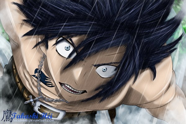 Anime picture 2000x1335 with fairy tail gray fullbuster takashihei highres short hair open mouth blue eyes black hair tattoo coloring close-up face muscle angry boy pants cross