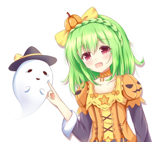 Anime picture 1000x900 with flower knight girl pepo (flower knight girl) kedama (kedama akaza) long hair looking at viewer blush fringe open mouth simple background smile red eyes standing white background payot upper body braid (braids) :d green hair puffy sleeves halloween