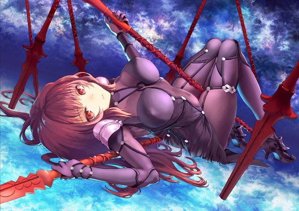 Anime picture 1655x1169 with fate (series) fate/grand order scathach (fate) (all) scathach (fate) a taisa single long hair looking at viewer breasts light erotic red eyes brown hair large breasts holding nipples full body lying on back girl gloves