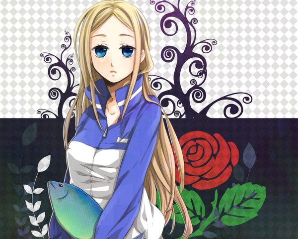 Anime picture 1600x1280 with arakawa under the bridge shaft (studio) nino single long hair blue eyes blonde hair girl uniform rose (roses) fish (fishes) gym uniform