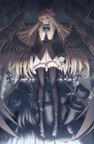 Anime picture 1049x1600 with original mj (pixiv19503488) single long hair tall image looking at viewer fringe breasts blue eyes blonde hair hair between eyes standing holding full body hair flower from below zettai ryouiki black wings expressionless low wings