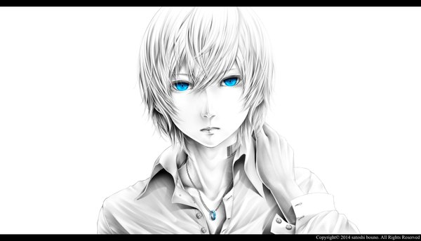 Anime picture 4000x2299 with original bouno satoshi single looking at viewer highres short hair blue eyes wide image white background absurdres white hair monochrome letterboxed open collar boy pendant