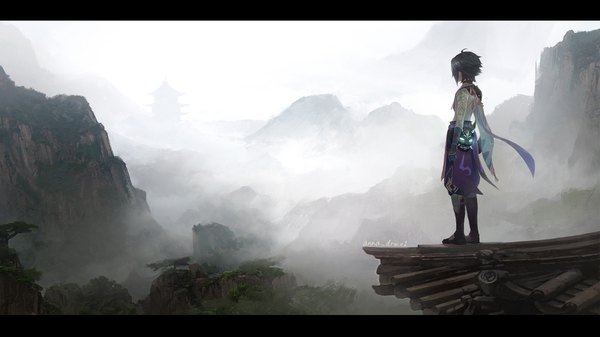 Anime picture 3489x1962 with genshin impact xiao (genshin impact) anna (drw01) single highres short hair black hair wide image standing signed full body ahoge outdoors letterboxed mountain nature fog boy mask roof