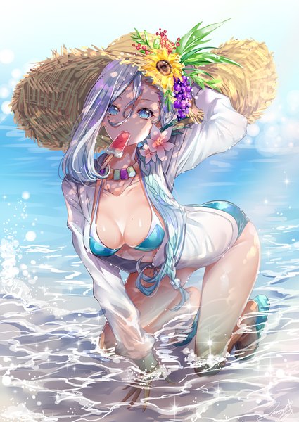 Anime picture 708x1000 with original mitsunari miyako single long hair tall image looking at viewer fringe breasts blue eyes light erotic hair between eyes large breasts holding cleavage silver hair full body bent knee (knees) outdoors braid (braids) arm up