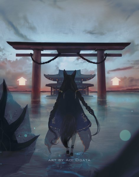 Anime-Bild 1377x1754 mit original aoi ogata single long hair tall image black hair signed animal ears sky cloud (clouds) full body outdoors tail braid (braids) traditional clothes japanese clothes animal tail from behind fox ears twin braids