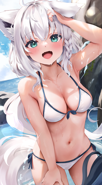 Anime picture 2030x3689 with virtual youtuber hololive shirakami fubuki uechin ewokaku single long hair tall image looking at viewer blush fringe highres breasts open mouth light erotic smile hair between eyes large breasts animal ears cloud (clouds) white hair