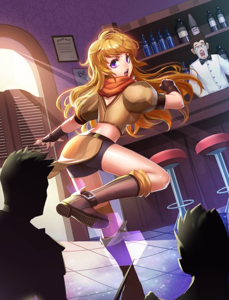 Anime picture 1422x1864 with rwby rooster teeth yang xiao long shou ai mianbao ren long hair tall image fringe open mouth blonde hair standing purple eyes bent knee (knees) indoors looking back from behind sunlight leaning tears standing on one leg leg lift (legs lift)