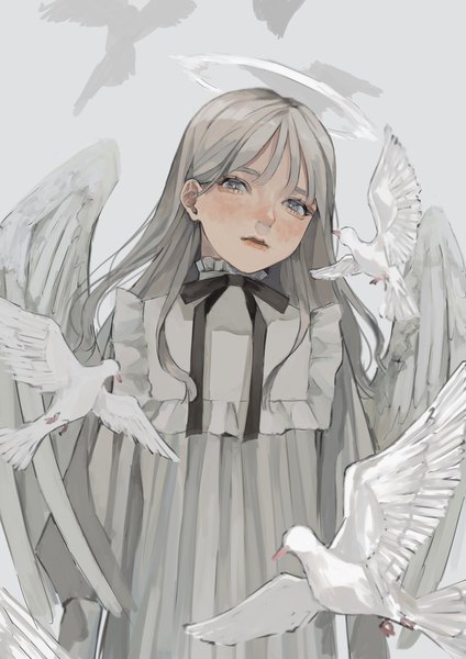 Anime picture 1446x2048 with original yudoufu (yudouhu 1212) single tall image looking at viewer blush fringe simple background hair between eyes standing upper body blunt bangs parted lips head tilt grey hair grey background grey eyes angel wings angel girl