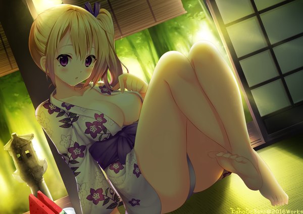 Anime picture 3507x2480 with musaigen no phantom world kawakami mai kaho okashii single long hair looking at viewer blush highres breasts light erotic blonde hair large breasts purple eyes absurdres traditional clothes japanese clothes barefoot bare legs pantyshot side ponytail