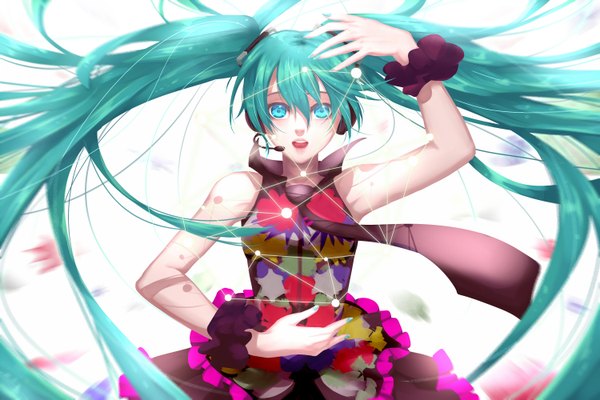 Anime picture 1500x1000 with vocaloid tell your world (vocaloid) hatsune miku phino (jinko0094) single long hair looking at viewer blush open mouth simple background white background twintails bare shoulders nail polish aqua eyes aqua hair teeth girl dress necktie