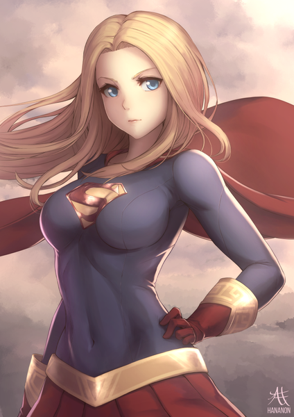 Anime picture 744x1052 with dc comics supergirl hananon single long hair tall image looking at viewer breasts blue eyes blonde hair wind hand on hip superhero girl cloak suit