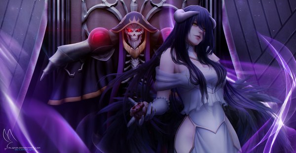 Anime picture 3300x1716 with overlord (maruyama) madhouse albedo (overlord) ainz ooal gown alqmia long hair looking at viewer fringe highres breasts black hair red eyes wide image standing bare shoulders holding signed yellow eyes cleavage head tilt